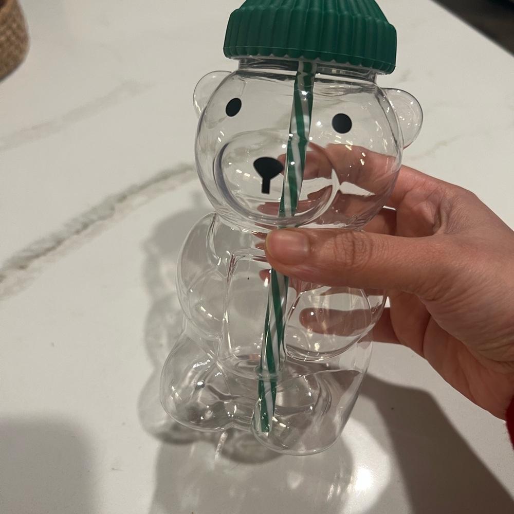 Clear Bear Shaped Cup with Green Straw and Lid (Starbucks Inspired)